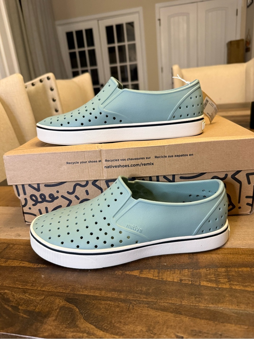 Native Slip-On Sneakers in Seafoam and White, M8/W10